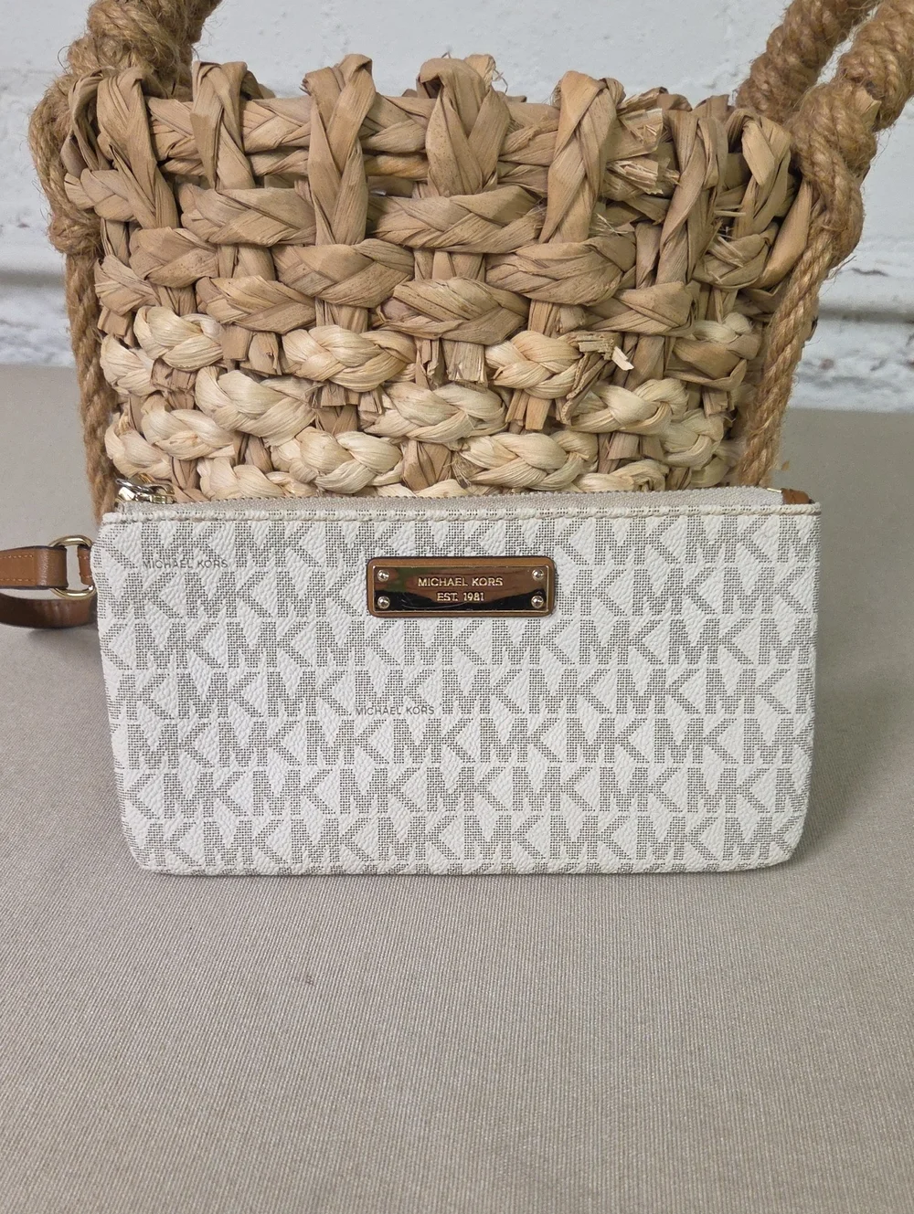 Michael Kors Beige/White Logo Wristlet Clutch